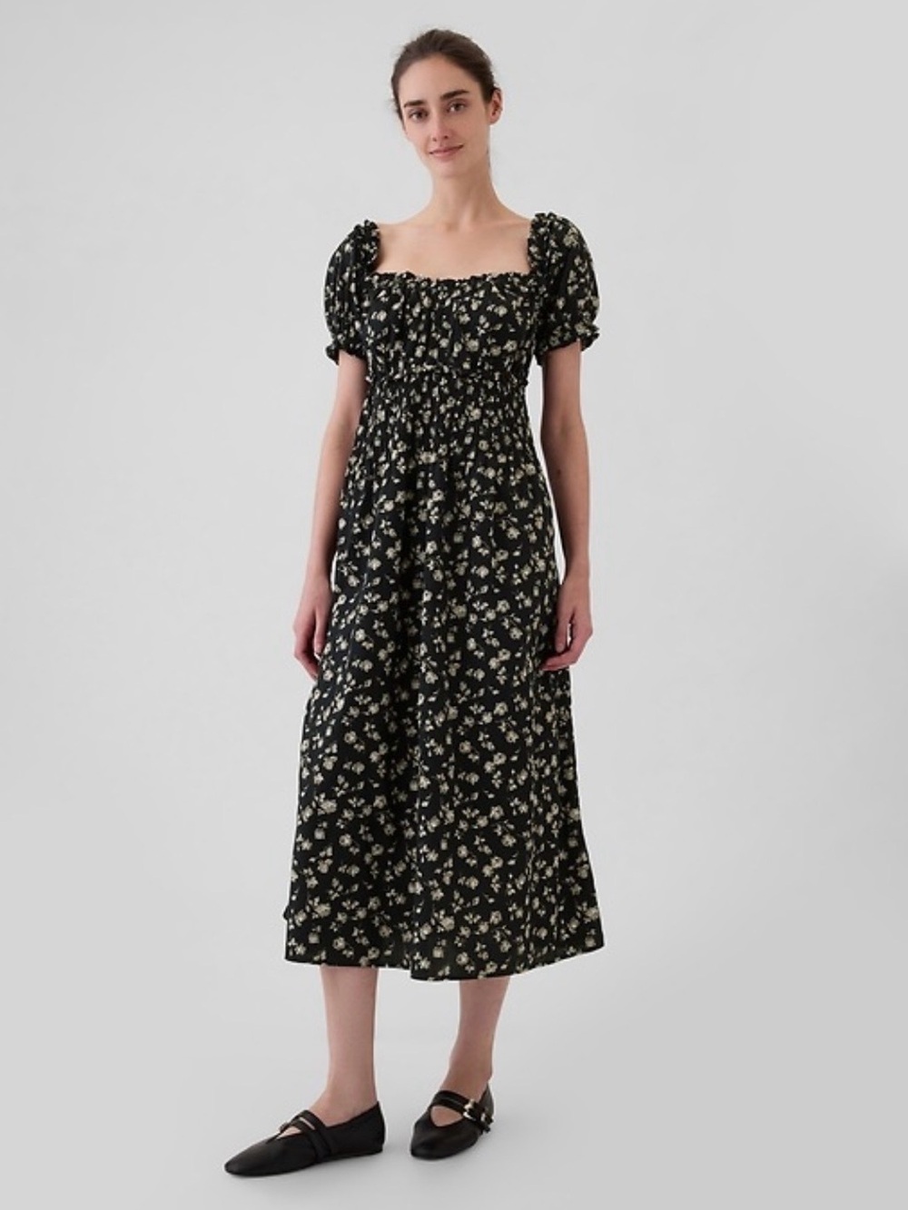 NWT GAP Women’s Black Floral Smocked Square-Neck Midi Dress XL Tall Cottagecore